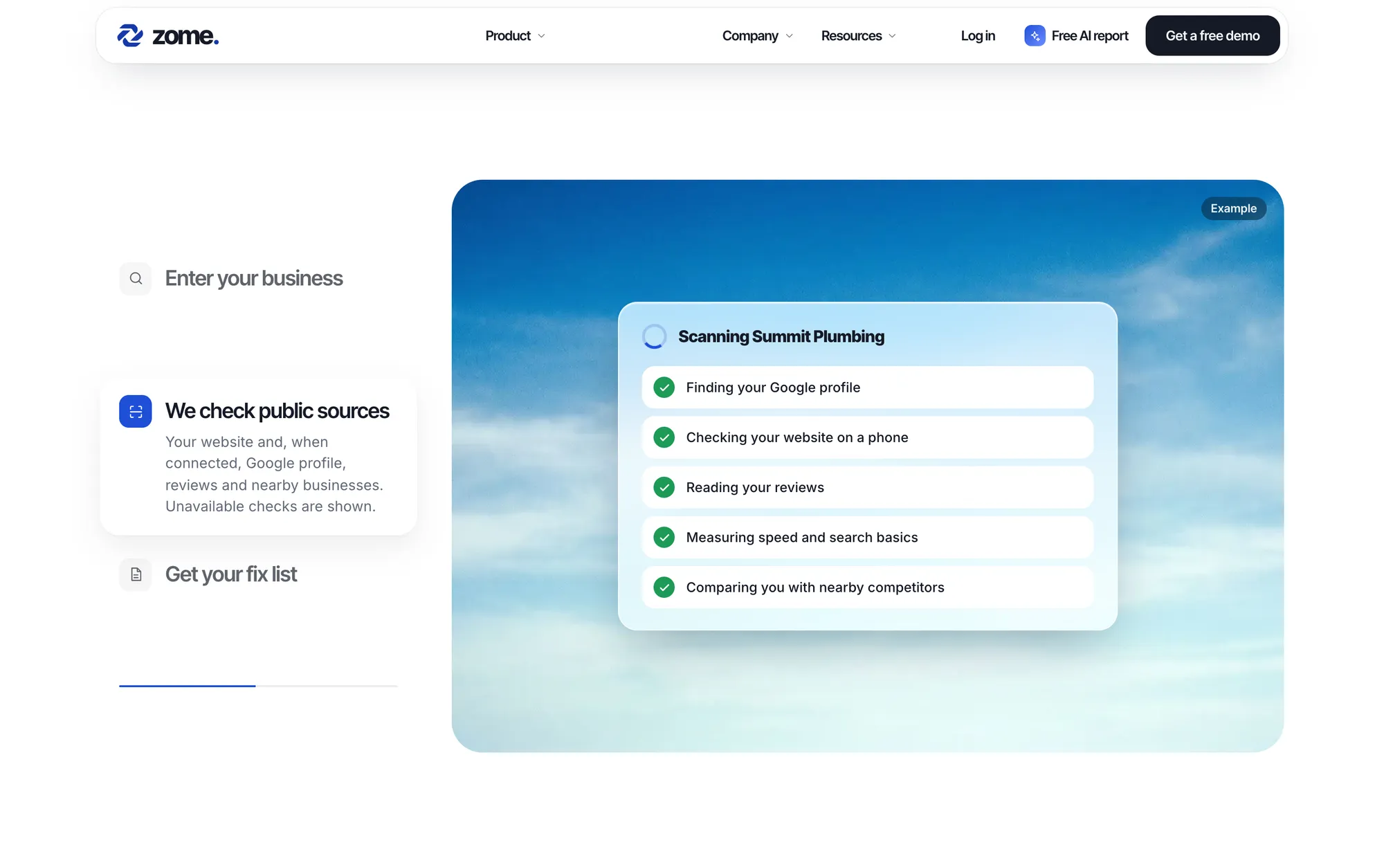 Desktop page section 09 of the ZOME (website) showing headlines “Enter your business” and “We check public sources”, 12 images.