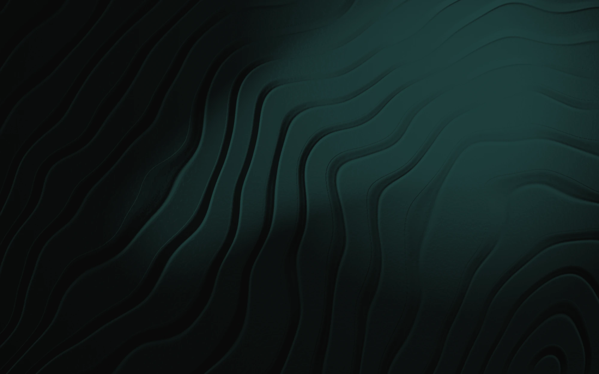 Wide field of flowing carved contour lines in near-black stone, washed with deep teal light from below